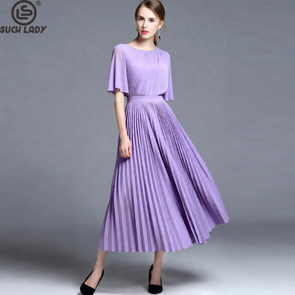 Women'S Formal Wear For Wedding Guest - Vestido Midi Plisado con Mangas Tipo