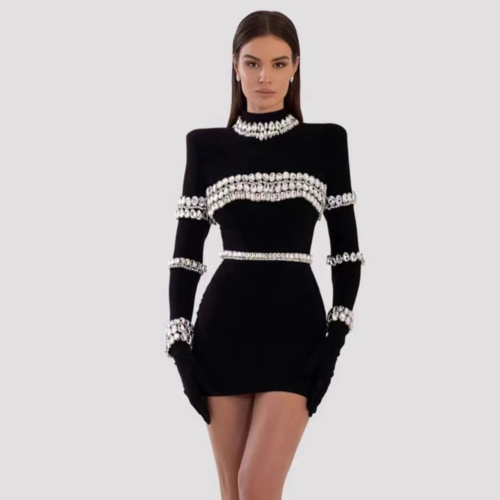 Women'S Semi Formal Evening Wear - Vestido Negro Semi-Cuello Alto con Pedrería